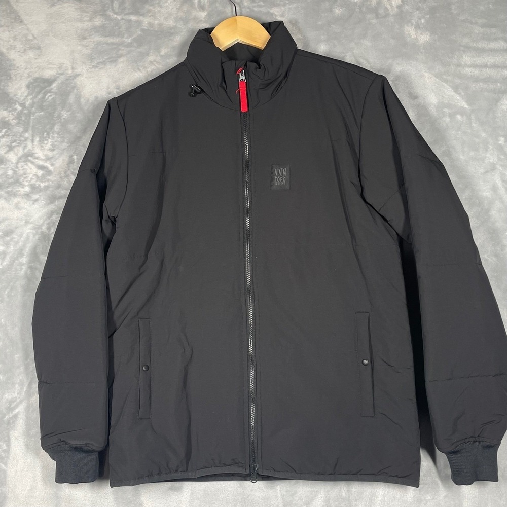 Topo Designs Mens Black Recycled Nylon Puffer Jacket Full Zip Packable Hood S